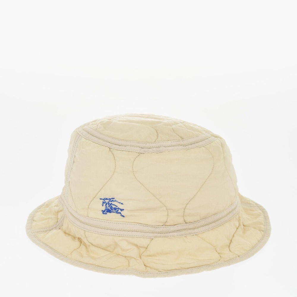 Burberry Quilted Nylon Bucket Hat Tan with Blue Logo NWT